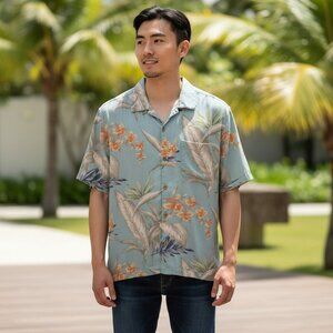 Islander Mens Large Blue Floral Washable Silk Short Sleeve Hawaiian Shirt Size L
